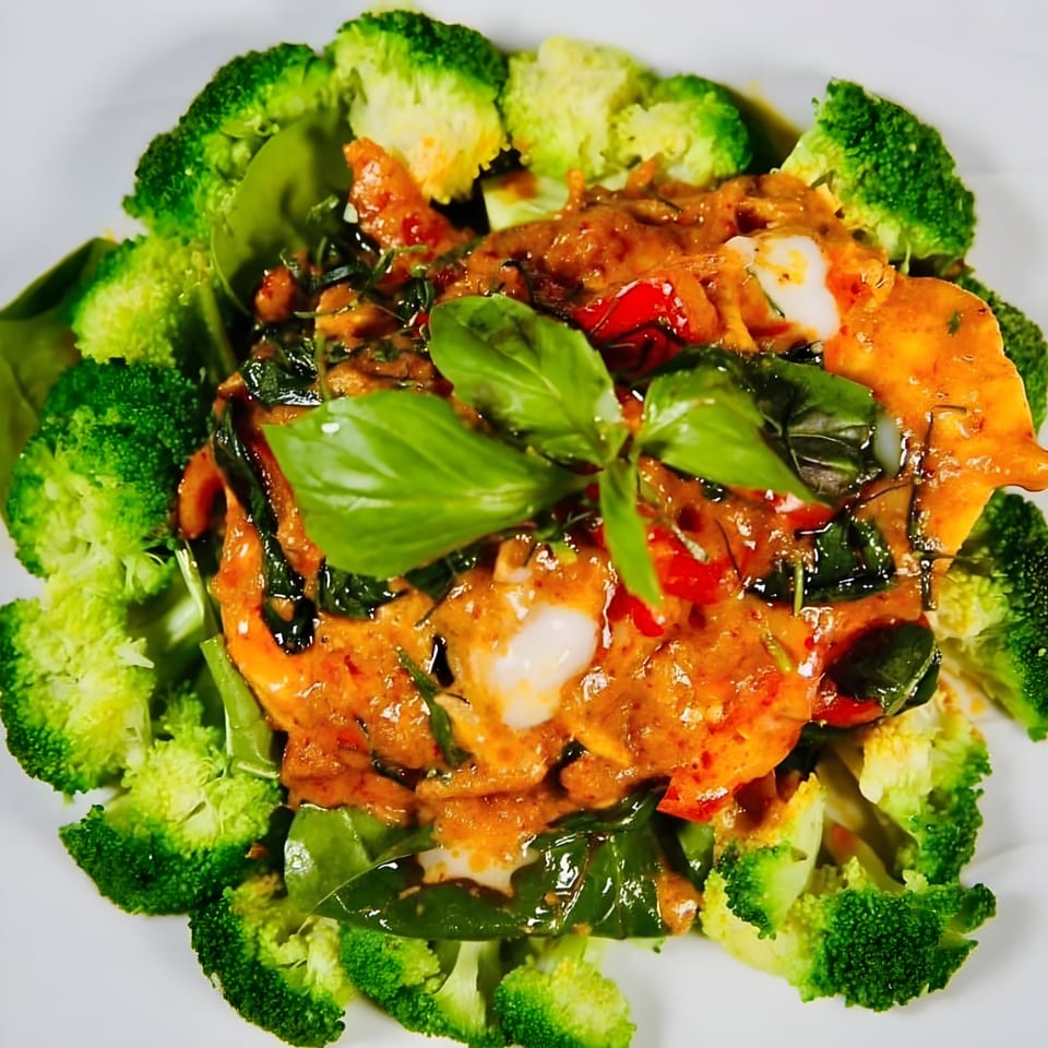 Asian-fusion dish with chicken, red curry sauce, basil, and broccoli florets on a white plate.