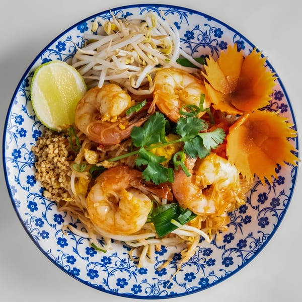 Phatt Pho n' Sushi's Pad Thai with shrimp, bean sprouts, lime, and carved carrots.